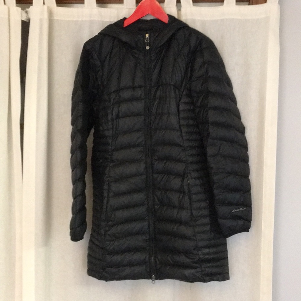Eddie Bauer long black down jacket with hood